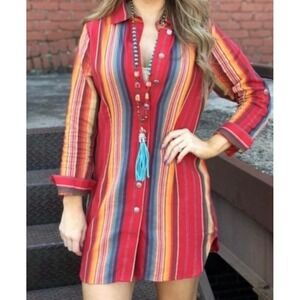 L&B Lucky & Blessed Womens Serape Stripe Button Tunic‎ Shirt Dress Size M Red